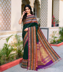Bottle Green Handloom Kanchipuram Silk Saree With Annam Chakaram Buttas-KA13873