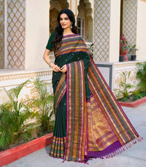 Bottle Green Handloom Kanchipuram Silk Saree With Annam Chakaram Buttas-KA13873