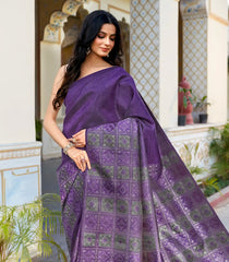 Dark Purple Handloom Half & Half Kanchipuram Silk Saree With Floral Motifs-KA14810