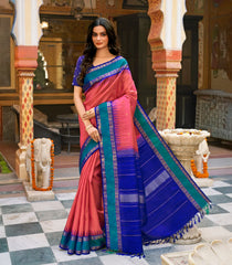 Hot Pink Handloom Korvai Kanchipuram Silk Saree With Kamalam Buttas-KA14802