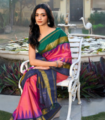 Hot Pink Handloom Korvai Kanchipuram Silk Saree With Ganga Jamuna Border-KA14798