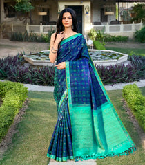 Dark Blue Handloom Kanchipuram Silk Saree With Geometric Motifs-KA14808