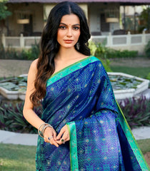 Dark Blue Handloom Kanchipuram Silk Saree With Geometric Motifs-KA14808