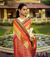 Off White Handloom Korvai Kanchipuram Silk Saree With Checks & Buttas-KA14872