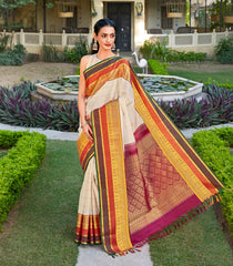 Off White Handloom Korvai Kanchipuram Silk Saree With Checks & Buttas-KA14872