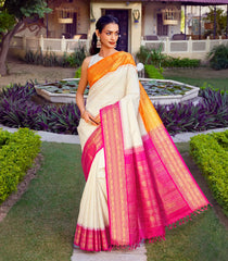 Off White Handloom Korvai Kanchipuram Silk Saree With Stripes-KA14803