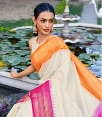 Off White Handloom Korvai Kanchipuram Silk Saree With Stripes-KA14803