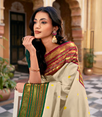 Cream Handloom Korvai Kanchipuram Silk Saree With Ganga Jamuna Border-KA13923