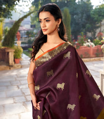 Maroon Handloom Kanchipuram Silk Saree With Pichwai Cow Motifs-KA13793