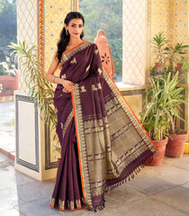 Maroon Handloom Kanchipuram Silk Saree With Pichwai Cow Motifs-KA13793