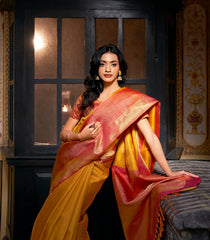 Mustard Handloom Korvai Kanchipuram Silk Saree With Floral Buttas-KA13927
