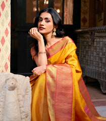Mustard Handloom Korvai Kanchipuram Silk Saree With Floral Buttas-KA13927