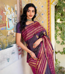 Purple Handloom Kanchipuram Silk Saree With Vairaoosi Stripes & Buttas-KA13768