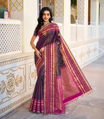 Purple Handloom Kanchipuram Silk Saree With Vairaoosi Stripes & Buttas-KA13768