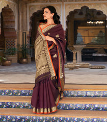 Maroon Handloom Kanchipuram Silk Saree With Pichwai Cow Motifs-KA13793