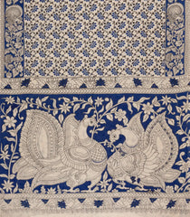 Taupe Woven Kalamkari Cotton Saree With Blue Printed Motifs-KAL1162
