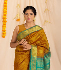 Oil Mustard Handloom Silk Cotton Saree With Checks & Buttas-SC3884