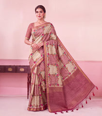 Dusty Peach Printed Synthetic Kotha Silk Saree With Zari Checks-SY0608