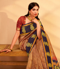 Rust Handloom Kanchipuram Silk Saree With Annam Motifs-KA15639