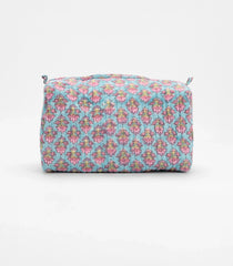 Turquoise Cotton Bagru Printed Toiletry Bag With Zipper-ACS1089