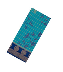 Cyan Printed Synthetics Dola with Zari Stripes & Contrast Border-BL5215