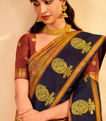 Rust Handloom Kanchipuram Silk Saree With Annam Motifs-KA15639