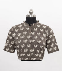 Grey Squirrel Print Ruffled-Collar Cotton Blouse-RB5228