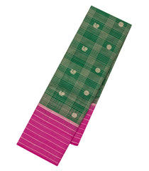 Dark Green Handloom Kanchipuram Silk Saree With Zari Checks & Contrast Border-KA14890