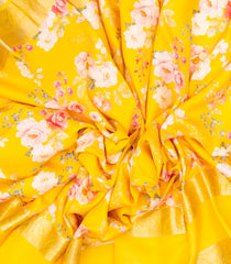 Yellow Handloom Silk Saree With Printed Floral Motifs & Zari Border-PS0545