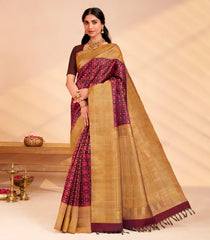 Maroon Handloom Kanchipuram Silk Saree With Floral Motifs-KA15638