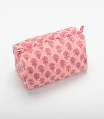Baby Pink Cotton Bagru Printed Toiletry Bag With Zipper-ACS1087