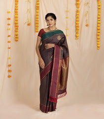 Green & Maroon Handloom Kanchipuram Silk Saree With Stripes & Buttas-KA12089
