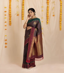 Green & Maroon Handloom Kanchipuram Silk Saree With Stripes & Buttas-KA12089