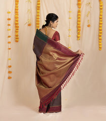 Green & Maroon Handloom Kanchipuram Silk Saree With Stripes & Buttas-KA12089