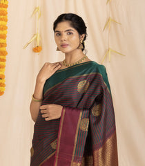 Green & Maroon Handloom Kanchipuram Silk Saree With Stripes & Buttas-KA12089