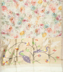 Cream Woven Pure Chiffon Silk Saree With Printed Floral & Peacock Motifs-PS0588