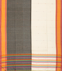 Off White & Black Handloom Bengal Cotton Saree With Floral Buttas-BG1305