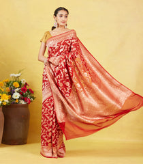 Red Banarasi Khaddi Georgette Silk Saree With Vanasingaram Motifs