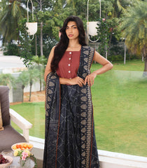 Black Handloom Tussar Silk Saree With Printed Shibori Floral Motifs-TU2711