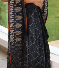 Black Handloom Tussar Silk Saree With Printed Shibori Floral Motifs-TU2711