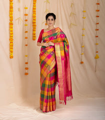 Multi Colour Handloom Kanchipuram Silk Saree With Checks & Buttas-KA13977