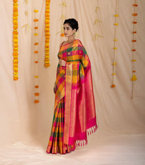 Multi Colour Handloom Kanchipuram Silk Saree With Checks & Buttas-KA13977
