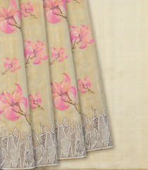 Cream Handloom Kanchipuram Tissue Silk Saree With Floral Motifs-Cream