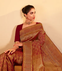 Crimson Handloom Kanchipuram Silk Saree With Annam Chakaram Motifs-KA15634