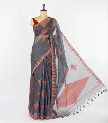 Grey Woven Synthetic Tussar Saree With Floral Motifs & Temple Border-BL4534