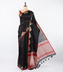 Black Woven Synthetic Dola Saree With Floral & Deer Motifs-BL4495
