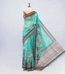 Cyan Woven Synthetic Chanderi Cotton Saree With Printed Dancing Motifs-BL4176