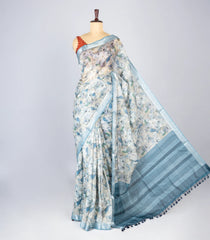 Grey Woven Synthetic Jute Saree With Printed Floral Motifs-BL4172