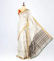 Off White Woven Synthetic Jute Saree With Printed Floral Motifs-BL4175