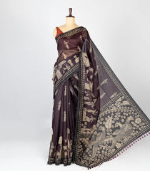 Dark Lilac Woven Synthetic Chanderi Cotton Saree With Printed Village Motifs-BL4168